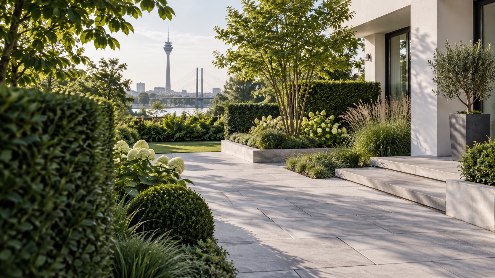 KI-generierte Visualisierung einer Gartenanlage mit Pflasterfläche in Düsseldorf